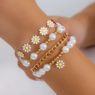 Stylish Mini Beaded & Pearl Chain Daisy Bracelets